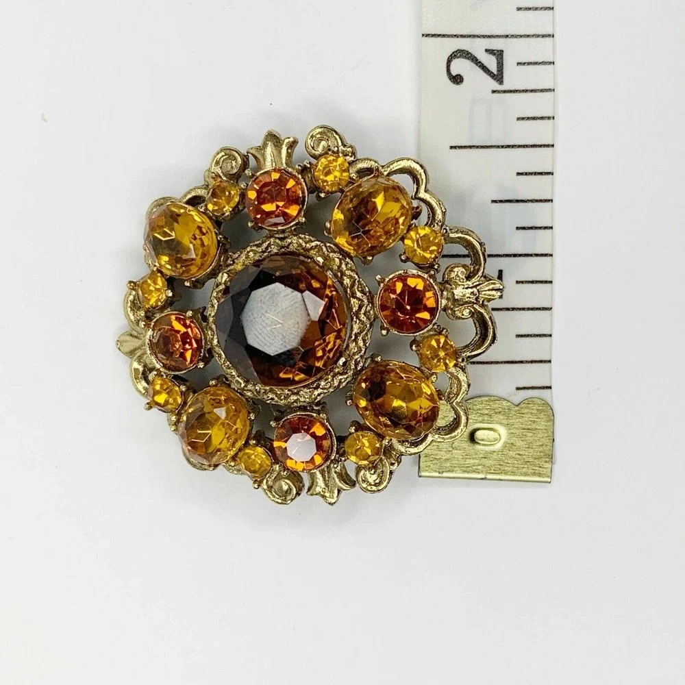 Vintage Amber Rhinestone Flower Brooch Pin - Picture 4 of 5